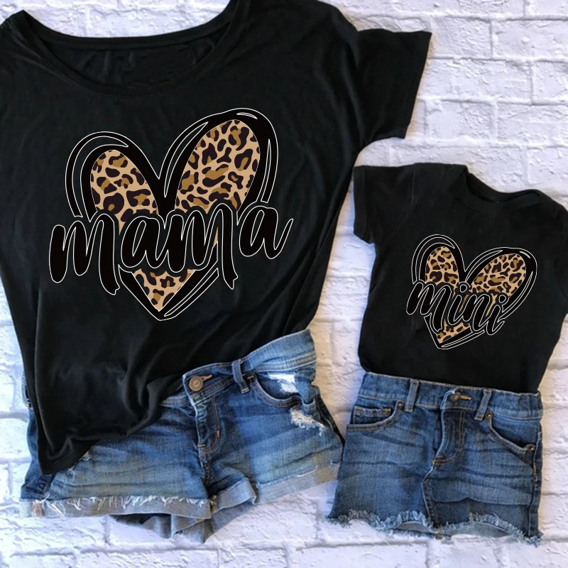 Family Matching Mother Kids Daughter T-shirts Cotton MAMA MINI Mom Baby Leopard Mommy and Me tshirt Family Matching Outfits Tops