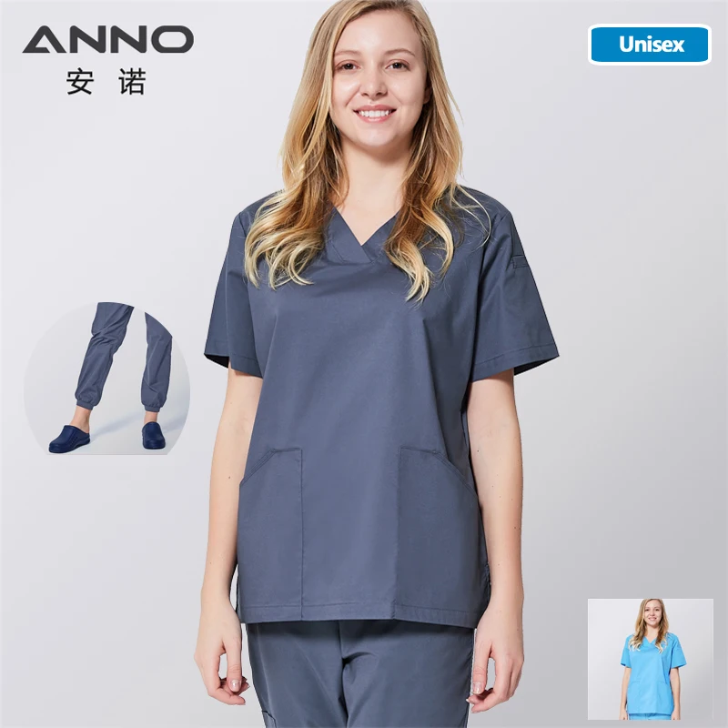 ANNO Elastic Fabric Scrubs Set Nursing Uniforms Spandex Clinics Suit Unisex Hospital Staff Clothing Grown Health and Beauty Care