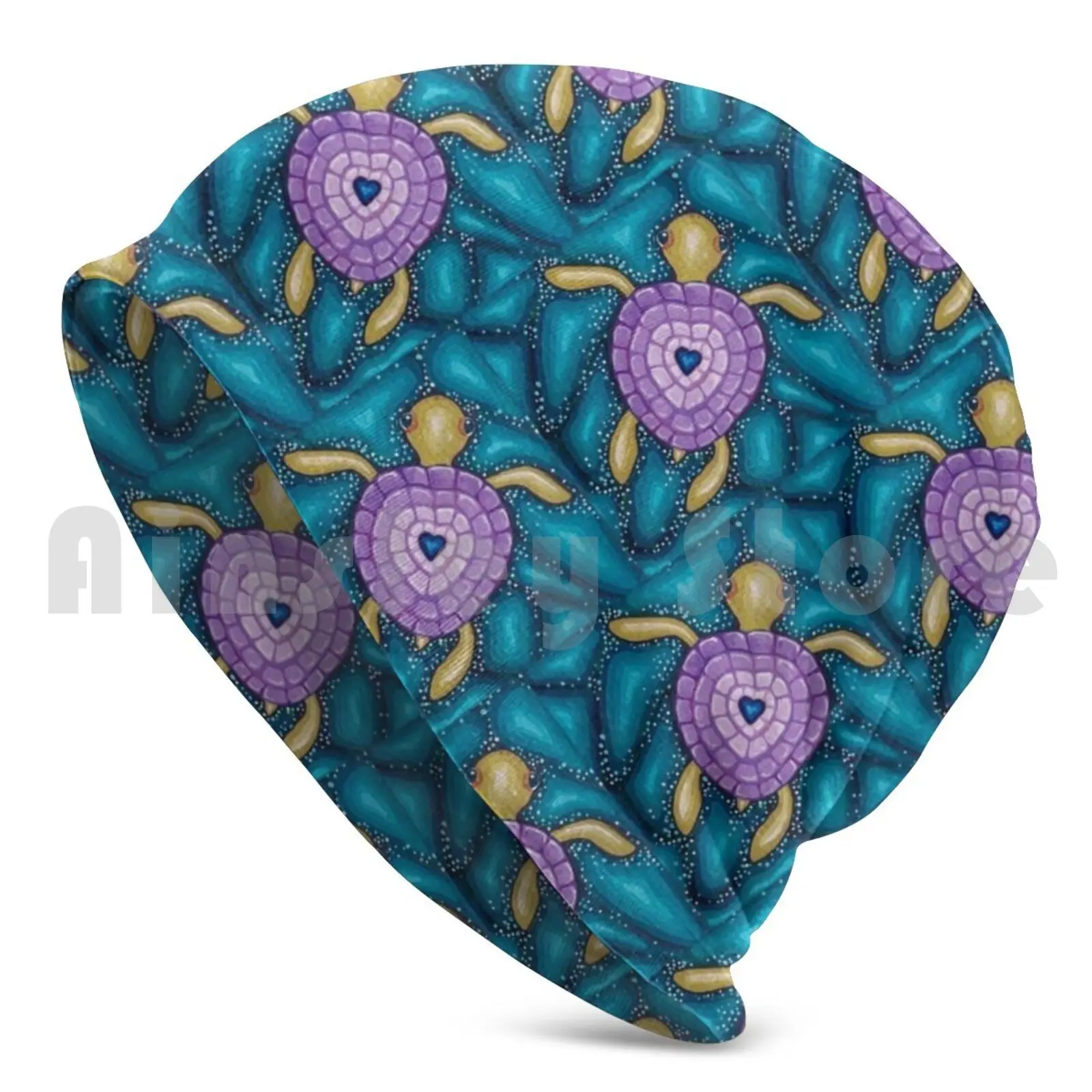 Little Purple Turtle Beanie Hedging Cap DIY Print Cushion Turtle Sea Turtle Sea Ocean Bubbles Purple Heart Aqua Love