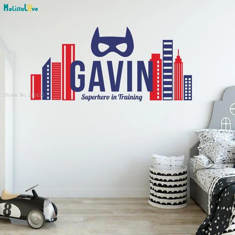 Superhero Custom Name and Colors Wall Stickers Home Decor For Kids Baby Room Personalized Decal City Nursery Murals YT2498