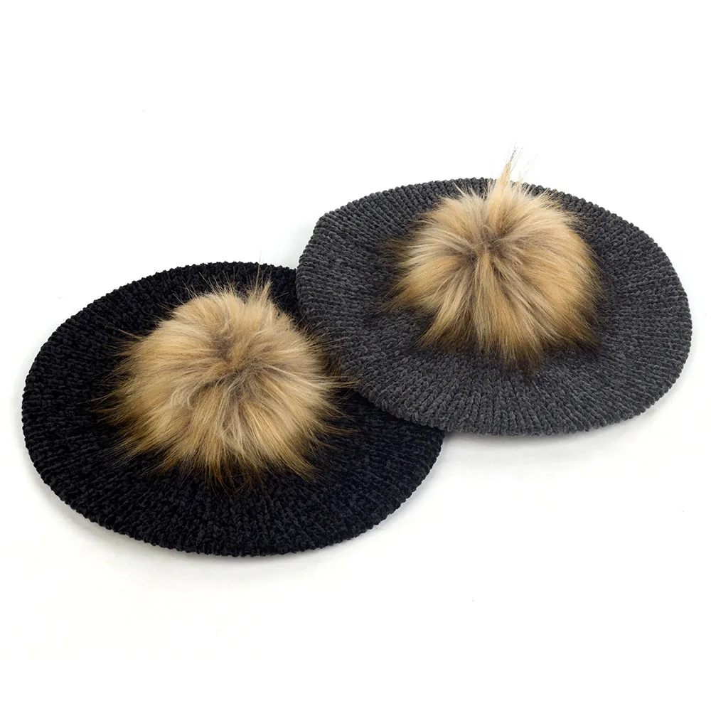 Geebro Female Winter Warm Knitted Chenille Berets With Faux Fur Pom Pom Elegant Women Hats Girl Bonnet Caps Plain Hat Beret