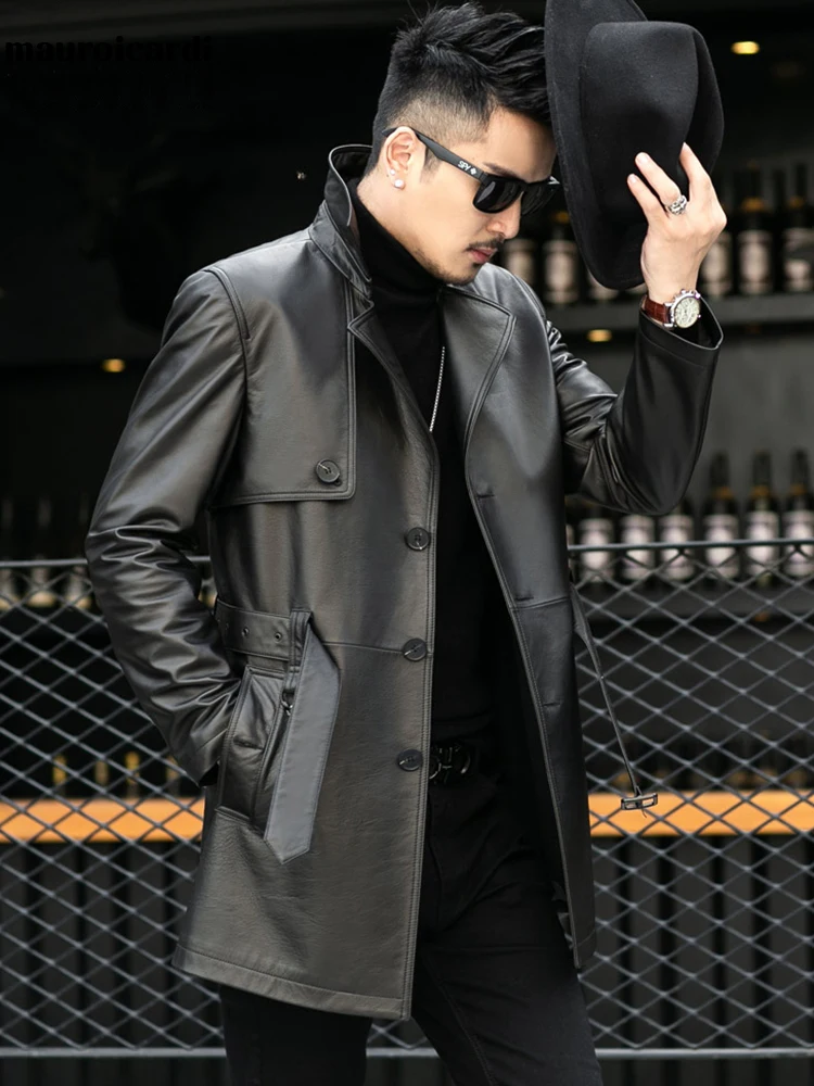 Mauroicardi Autumn Black Leather Trench Coat Long Sleeve Belt Single Breasted Plus Size Men Fashion Clothes 2023 3xl 4xl 5xl