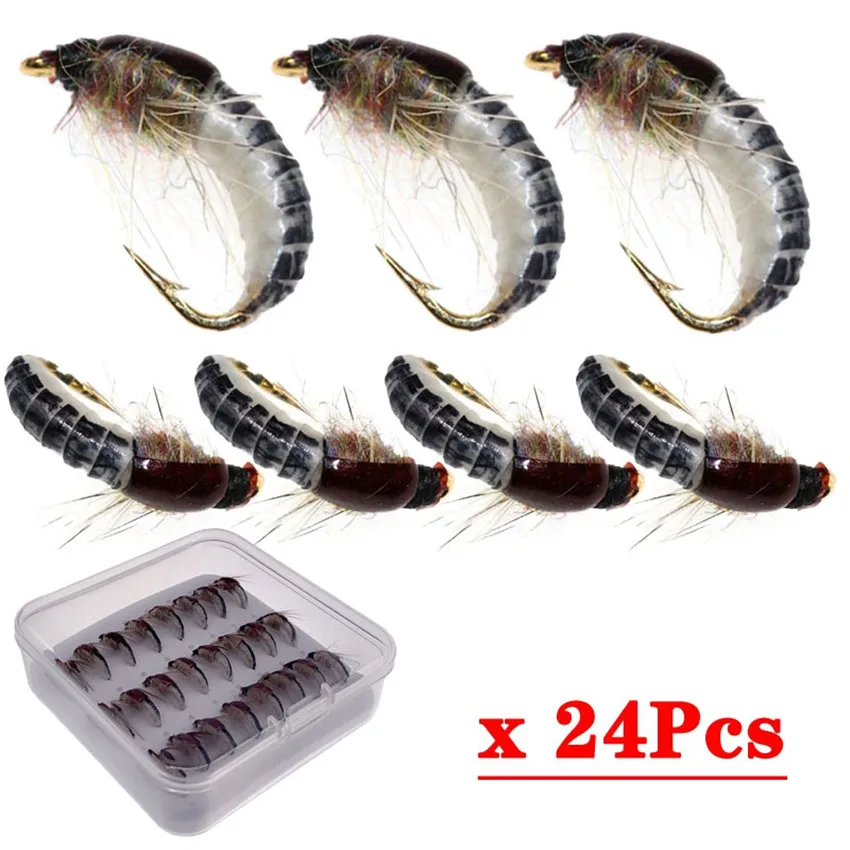 24Pcs #10 Woolly Worm Brown Caddis Nymph Fly Deer Hair Beetle Trout Fly Fishing Fly Bait Fishing Lure