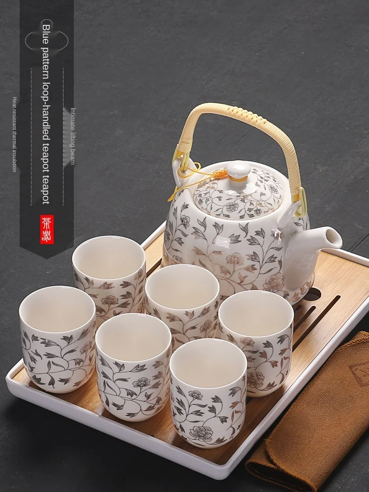 Lifting Handle Tea Set Porcelain Kung Fu Tea Set Sets Dry Pour Tea Tray Household Blue and White Teapot Tea Cup Complete Set