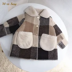 Baby Boy Girl Woolen Jacket Fur In One Plaid Warm Infant Toddle Lapel Tweed Coat Long Fleece Winter Baby Outwear Clothes 1-14Y