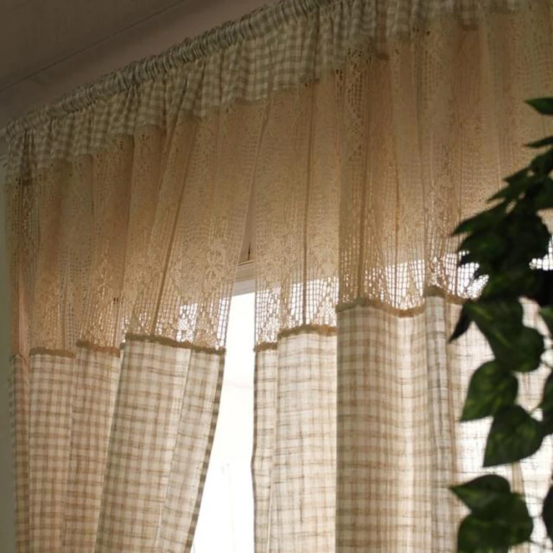 Greek Style Romantic Finished Curtains Cotton linen Retro Plaid Drapes Living Room Decor with Rod Pocket and Hook Dual Purpose