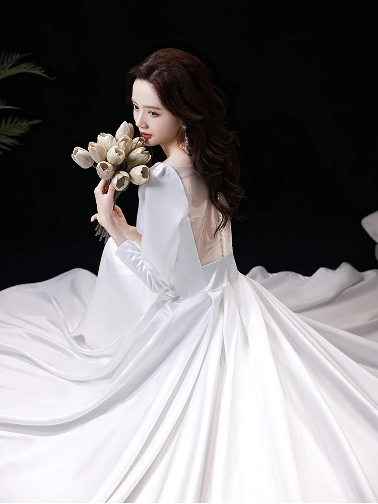 Vestido De Novia 새틴 긴 소매 드레스 로브 드 Mariee 웨딩 드레스 платье 웨딩 파티 свадебные платья 신부