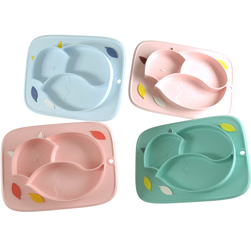 1set Baby Silicone Plate Dish Cute fox Feeding Set Kids Dishes Spoon Waterproof Spill-Proof Suction Rotating Bowl Tableware Dish