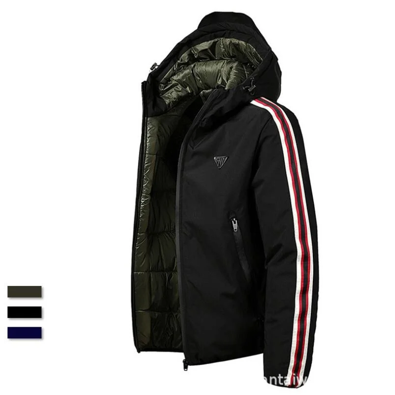 

Autumn Winter Parkas Jacket Men Fashion Hooded Collar Windbreaker Warm Coat Men Casual Striped Men Jacket Size M-XXL