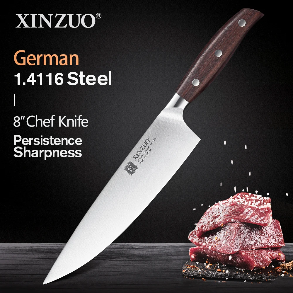 XINZUO 8'' inch Chef Knife DIN 1.4116 Steel Kitchen Knives Red Sandalwood Handle German Cleaver Meat Knife Kitchen Cooking Tools