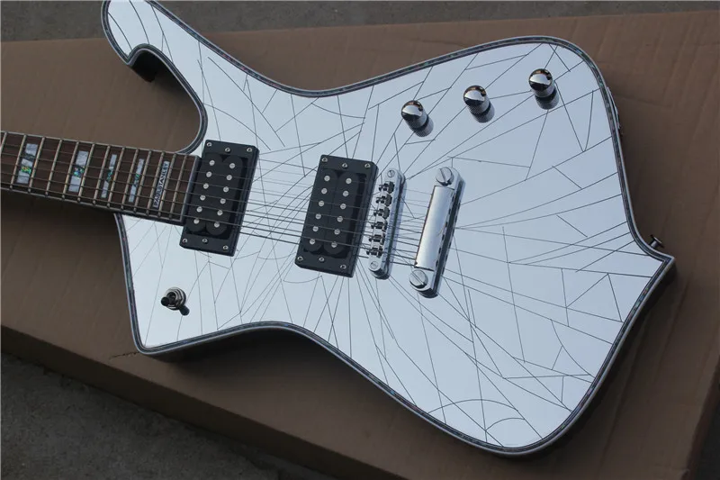 custom 6 string guitar,irregular guitar,mirror face plate black body ,HH pickups,pearl inlay,chrome hardware