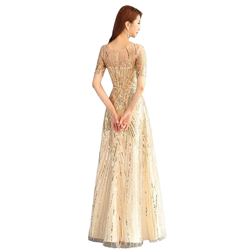 LAKD-3073#Long Evening Dresses Sequins Golden O-Neck graduation gown party prom dress customize plus size wholesale women girls