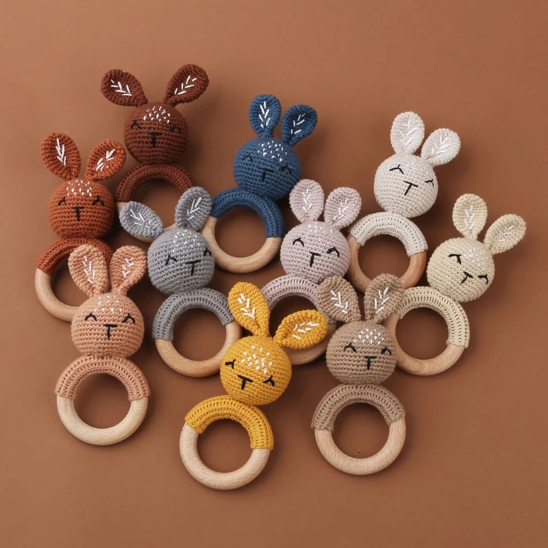 Wooden Crochet Bunny Rattle Toy BPA Free Wood Ring Baby Teether Rodent Baby Gym Mobile Rattles Newborn Educational Toys