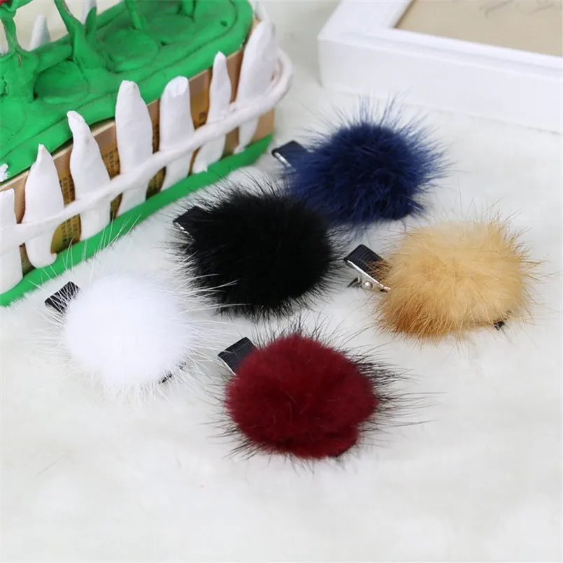 New 10pcs/ lot Girls Cute Real Mink Fur Pompom Ball Hair Clips Lovely Hairpins Head band Barrettes Hair Accessories