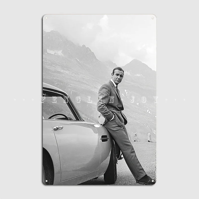 Sean Connery And Sports Car Black And White Vintage Art Metal Sign Wall Cave Wall Classic Wall Decor Tin Sign Poster