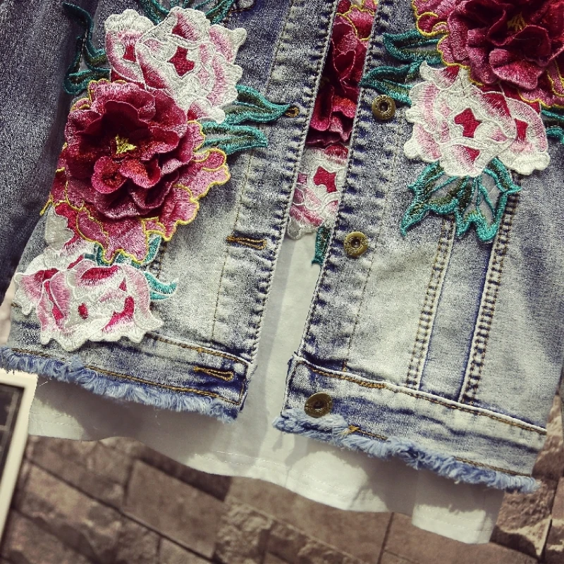 Spring Summer Embroidery Denim Vest Women Fashions Hole Ripped Flower Customize Streetwear Long Sleeve Jean Jacket