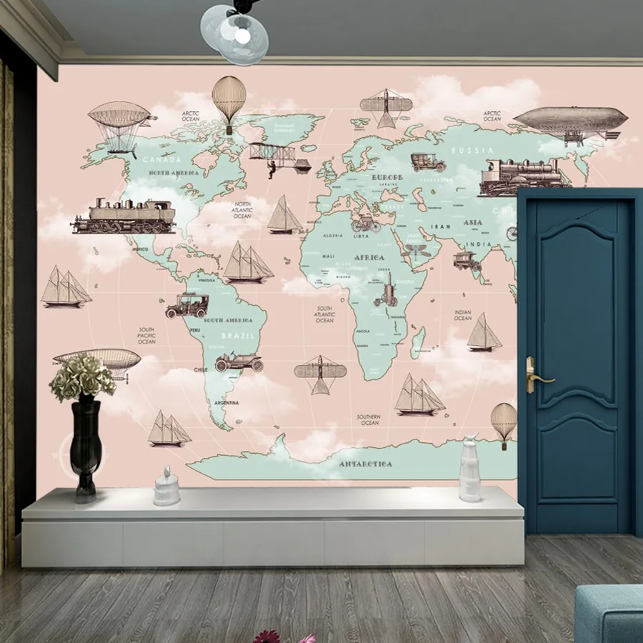 Cartoon Custom Peel and Stick Accept World Map Kids Plane Wallpapers for Living Room Bed Contact Wall Papers Covering Home Decor