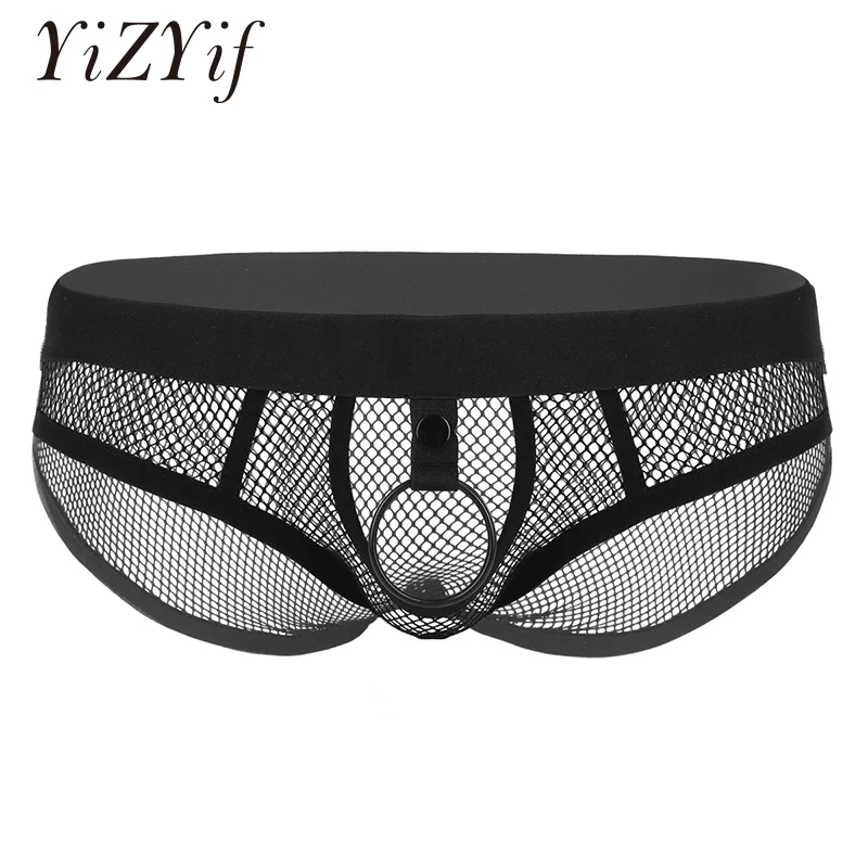 Men Fishnet Briefs Underwear Sissy Panties See Through Lingerie Low Rise Elastic Waist Open Bulge Pouch Bikini with Metal O-ring