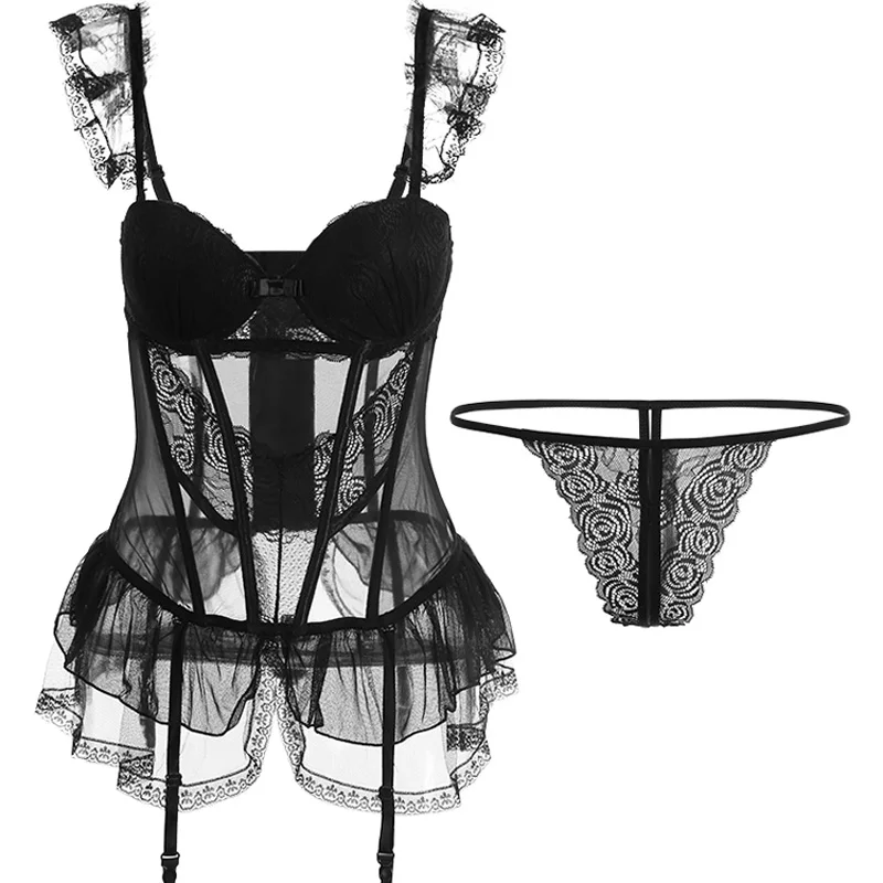 Felinus Hot Sale Women\'s Bustier Sexy Lace Corset  Mesh Transparent Sleepwear Black Bodycon Jumpsuit G String Thong Lingerie