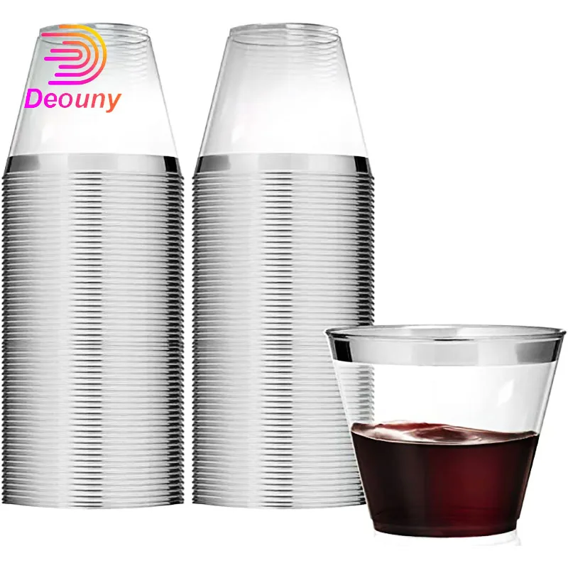 

DEOUNY 9OZ Clear Plastic Wine Glasses 50PCS Disposable Party Cups Old Fashioned Reusable Plastic Tumblers Silver Drinkware