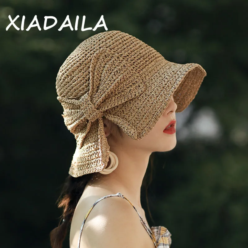 2020Parent-child 100%Raffia Bow Sun Hat Wide Brim Floppy Summer Hats For Women Beach Panama Straw Dome Bucket Hat Shade Hat