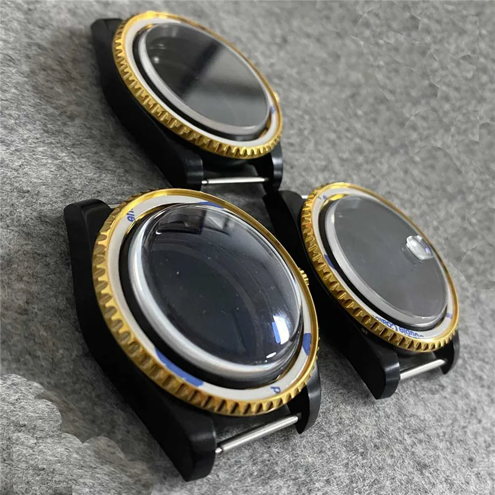 40mm SUB Watch Case PVD Black Gold Shell Magnifier/Bubble Sapphire Glass For NH35/NH36 Automatic Movement