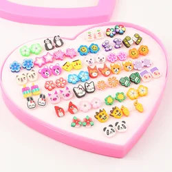 Cute 36 Pairs Mix Mini Handmade Flower animal Clay Earrings Girls Stud Sets Fruit Earrings Set For Child With Heart Box Earrings