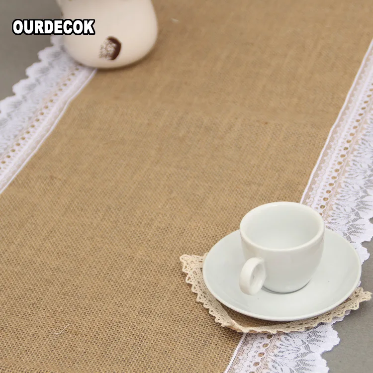 30 x 275 cm Vintage-Sackleinen-Spitzenrand-Stickerei, Hessischer Tischläufer, natürliche Jute, Landparty, Hochzeitsdekoration