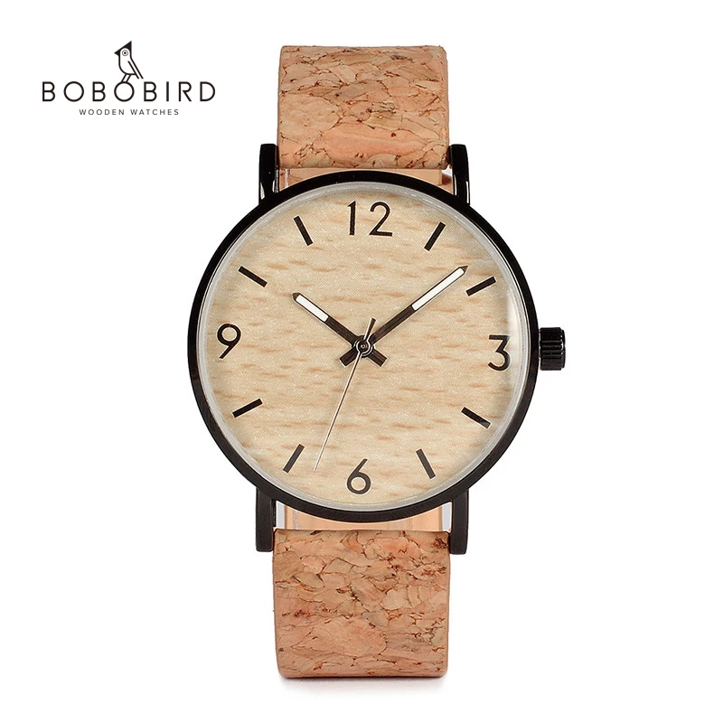 BOBO BIRD Mens Watches Wood Grain Dial Stainless Steel Case Quartz Watch with Soft Cork Bandfor Men as Gift Item