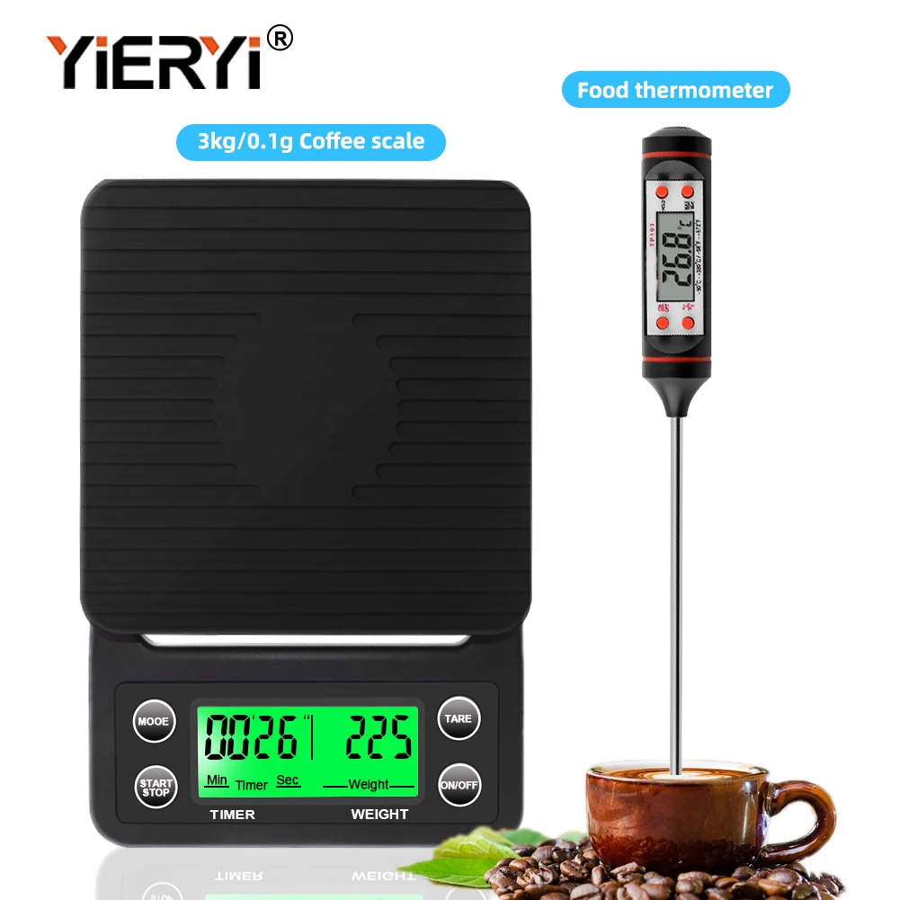 Yieryi 3kg/5kg Drip Coffee Scale with Timer 0.1 High Precision Kitchen Electronic Scale Pen Food Thermometer Liquid Thermometer