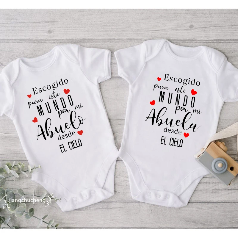 Mi Abuelo Abuela Desde El Cielo Funny Newborn Baby Bodysuits Cotton Infant Short Sleeve Rompers Boys Girls Ropa Jumpsuit Clothes