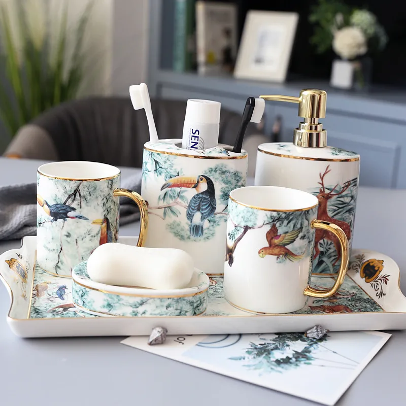 

Ceramic Bathroom Accessories Set Soap Dispenser Toothbrush Holder & Gargle Cups Soap Dishes Lavatory 5/6 Pieces Set Wedding Gift