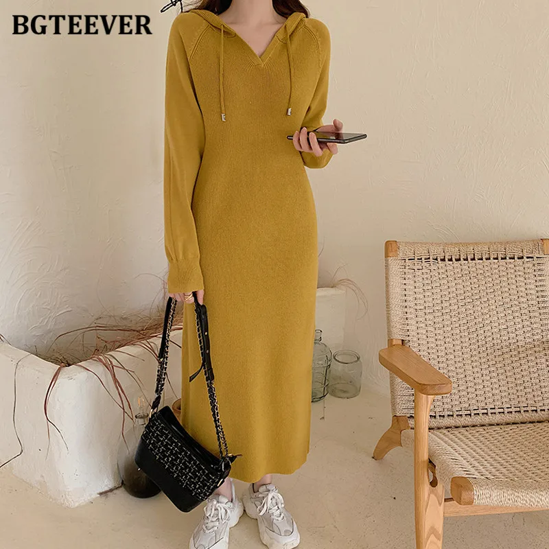 BGTEEVER Autumn Winter Women Dress 2021 Hooded Knitted Midi Dresses for Women Long Sleeve Loose Female Sweater Vestidos 2021