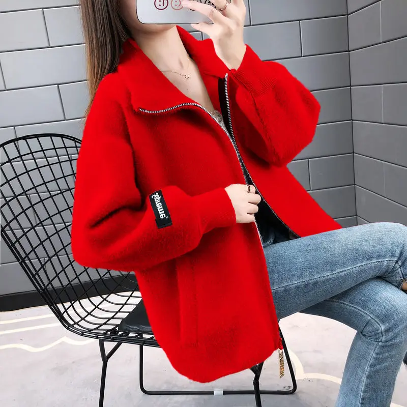 Imitation Mink Velvet Cardigan Short Jacket Women Sweater Autumn Winter Large Size Thick Knitted Cardigan Sweater Coat 4XL Y741