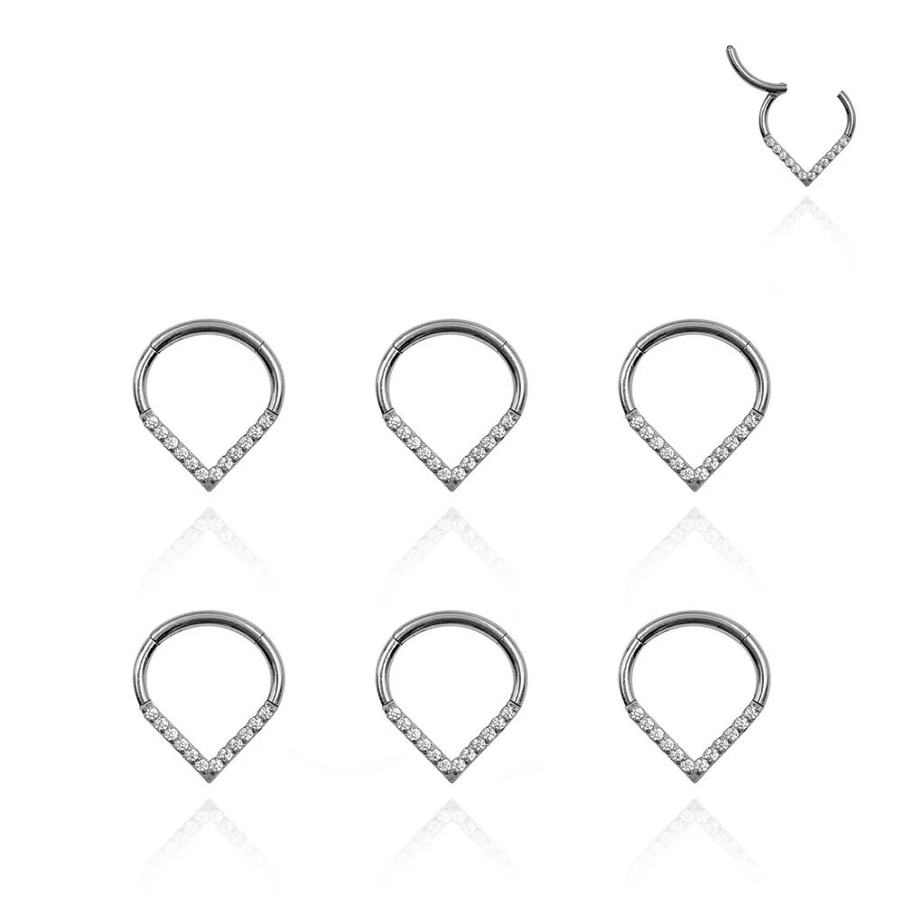 G23 Titanium Cz Lip Labret Ear Tragus Cartilage Daith Helix Earring Hinged Tear Drop Segment Ring Septum Nose Clicker Piercing