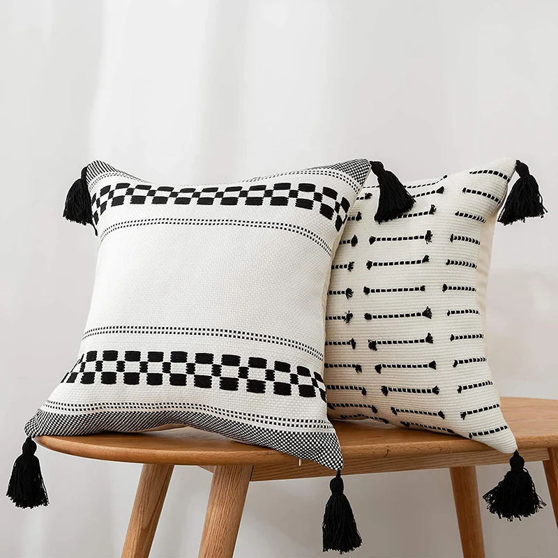 

Decoration Cushion Cover 45x45 White Black Plain pillow cover Woven Tassels for Home Sofa Chair Bedroom Living Room Decoration