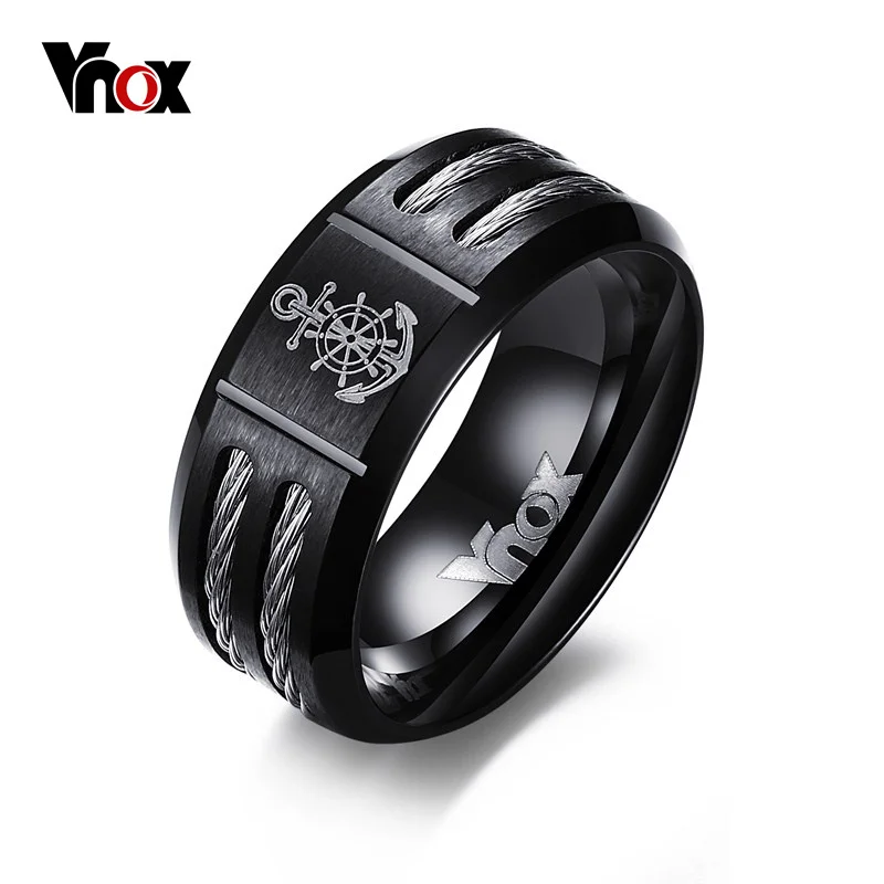 Vnox Men\'s Rudder Ring Personalize Cool Black Stainless Steel Wia Men Jewelry dropshipping Unique Male Gift