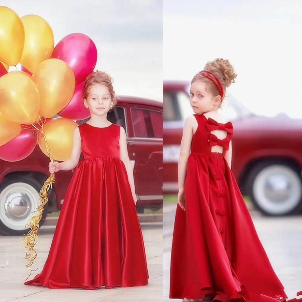 

Girls Pageant Dresses Cute Red Jewel Neck Sleeveless Satin Bow Hollow Back Sweep Train A Line Kids Flower Girls Dress Birthday