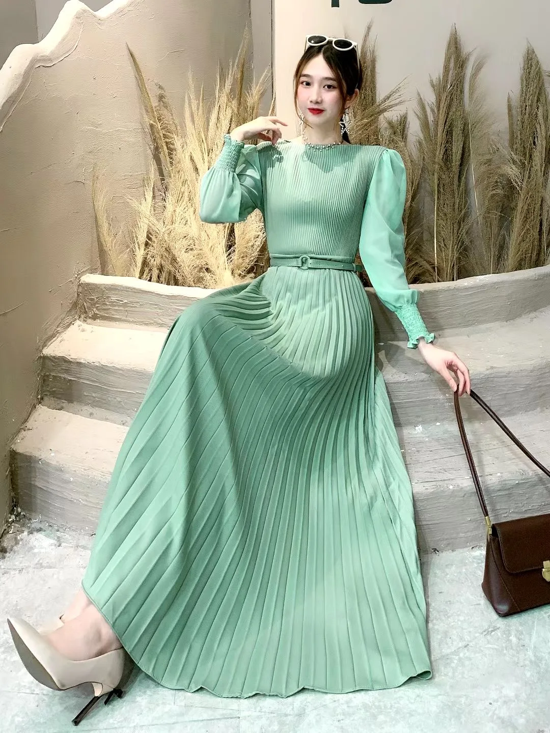 2022 Spring Elegant Women Pleated Party Dress with Belt Slim Waist Full Long Dress Bodycon Pleated Maxi Dress Wedding Vestidos