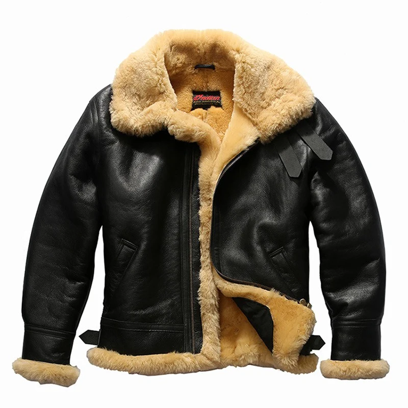 2023 New Men Black Fur Shearling Jacket B3 Flight Jackets Fashion Multi-label Military Thick Shearling Winer Russia Coats