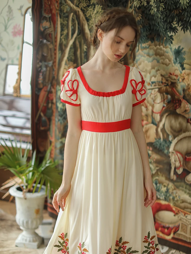 LYNETTE\'S CHINOISERIE Summer New Arrivals Original Design Women Vintage Mori Girls Fruits Embroidery Long Slim Dresses