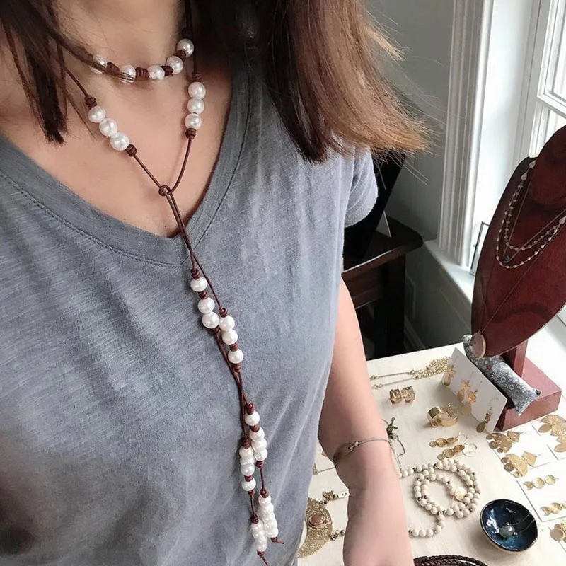Tahitian pearls on leather long women\'s necklace pearls and leather knotted necklace,