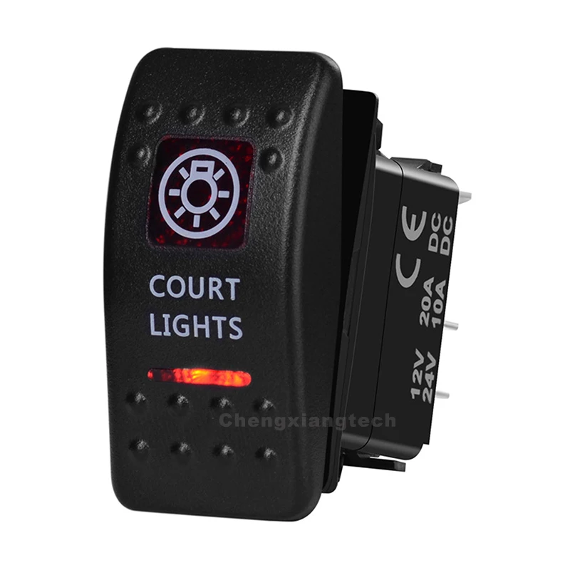 Court Lights Printed Rocker Switch Red Led 5P on-off Single Pole Single Throw Waterproof for Car Boat 12v/24v+Jumper Wires Set