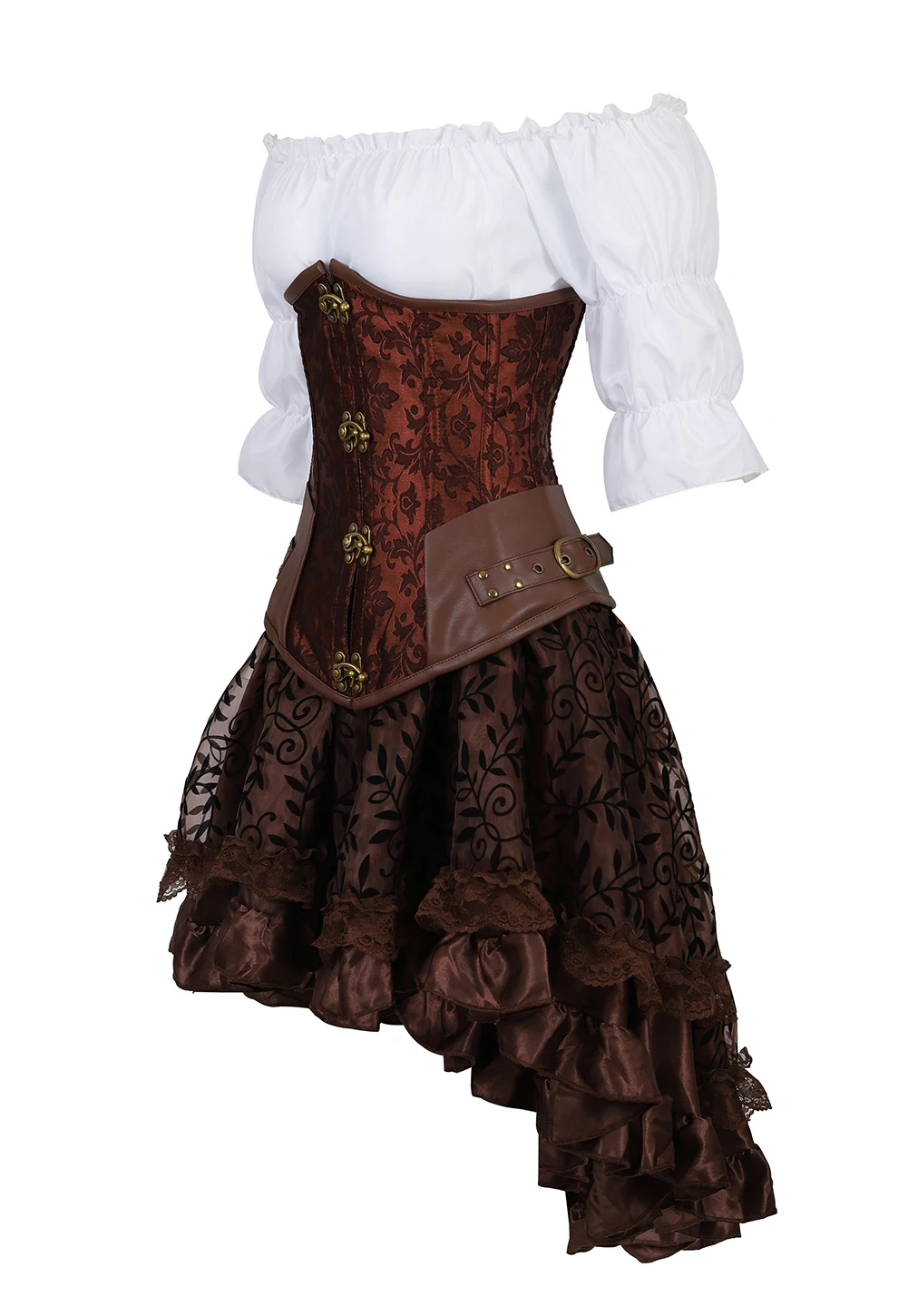 Steampunk Corset Dress Brown Pirate Costume Woman Skirt Plus Size Gothic Underbust  Corset With Skirt Three Piece Set