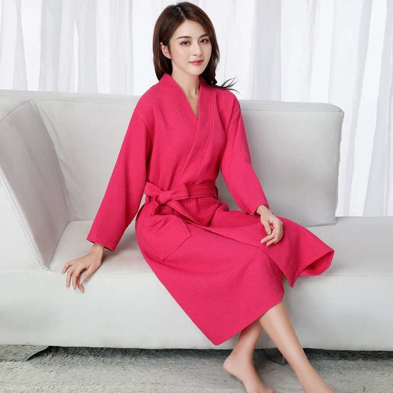 Solid Waffle Robe 100% Cotton Long Robe Women Soft Bath Robe Ladies Casual Nightrobe highly absorbent Sleepwear Loose Homewear