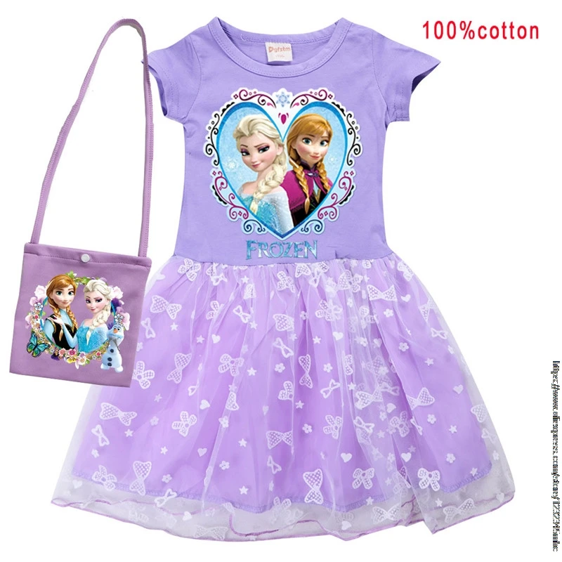 Spring Elsa Girls Cosplay Cartoon Disney Kids Summer Short Sleeve Princess Dress +Bag Up Children Birthday Party Clothing