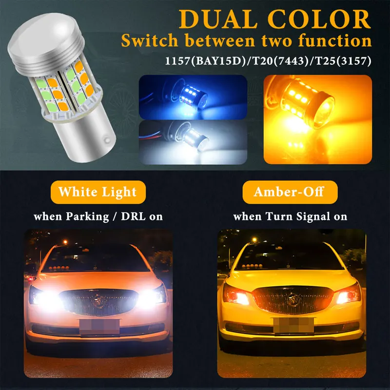 2x T20 7443 W21/5W T25 3157 P27/7W  1157 BAY15D P21/5W Dual Color Led Bulb Car Turn Signal Lamp Brake Lamp Switchback Light