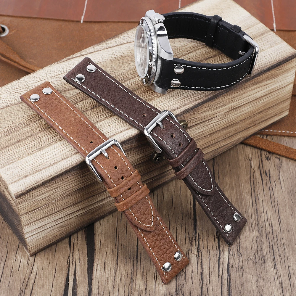 Genuine Leather Handmade Watch Band Strap 18mm 20mm 22mm With Rivets Universal Watchband Steel Buckle Strap Wrist Belt Bracelet