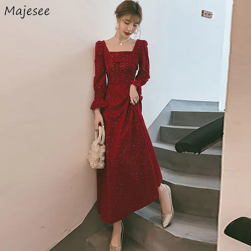 Dress Women A-line Sequins Puff Sleeve Female Autumn Square Collar Popular Casual Stylish Mid-calf Korean Style Party Vestidos