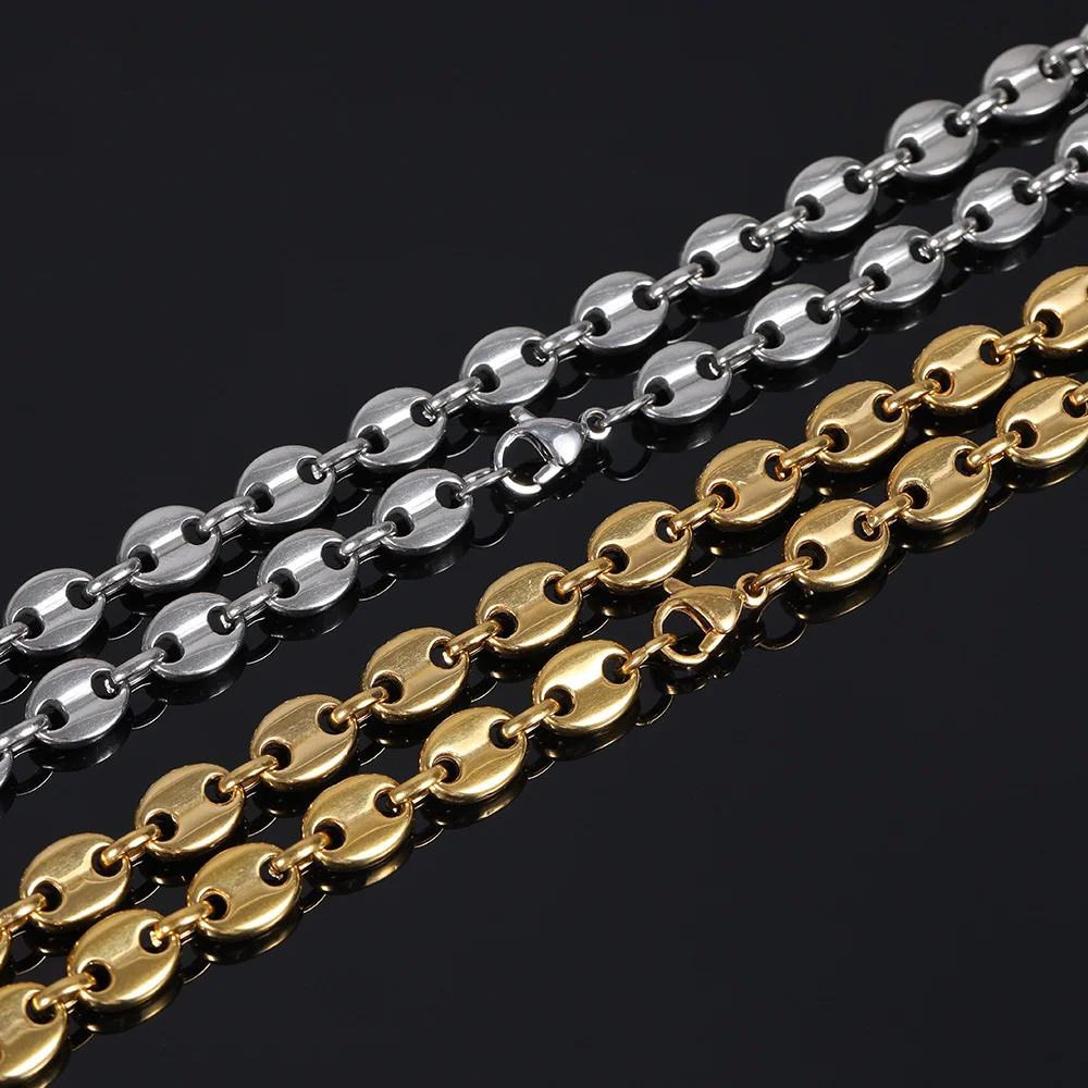 8MM Coffee Bean Necklace Stainless Steel Chain for Men Women Hip Hop Bracelets Gold Color Jewelry